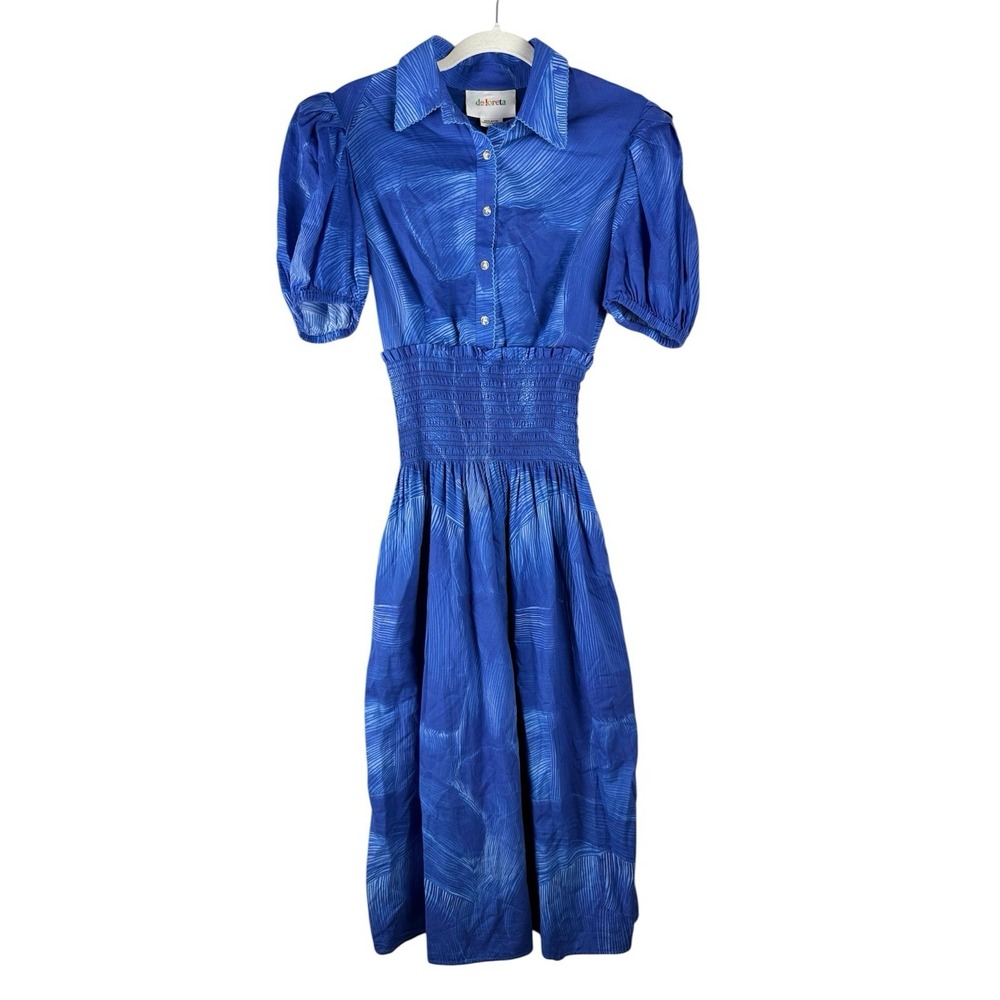 De loreta Puff Sleeve Women's M Smocked Midi Dress Blue Lago Prairie Cottagecore